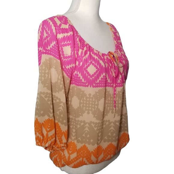Trina Turk Pink Tan Orange Silk Blend Geo Print Drawstring Blouse Size Medium - Picture 1 of 10